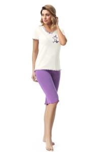 Piżama damska bawełna z modalem - CELINA - krem/fiolet